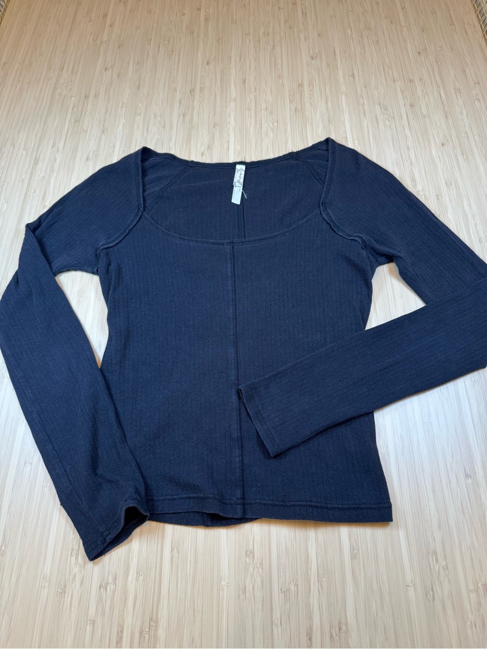Free People Black Ribbed Long-Sleeve Square Neck Seam Detail Top